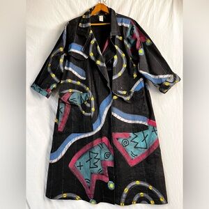 Vintage Painted Denim Duster Canvas Trench Coat Open Front Art Wear Outlandis S